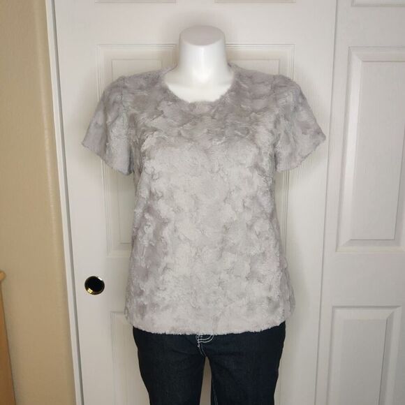 Anthropologie Leifsdottir faux fur zip back short sleeve tee sz L - Picture 4 of 11